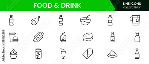 Appetizing vector web line icons depicting food, drinks, utensils, cooking, and dining experiences for culinary and beverage enthusiasts.