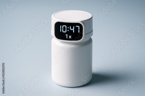 white cylindrical smart pill bottle with an integrated digital display cap showing time and dosage