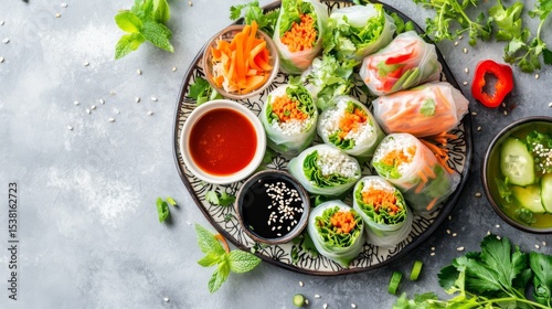 A top-down view of a colorful assortment of spring rolls on a decorative plate, surrounded by dipping sauces and fresh vegetables.
