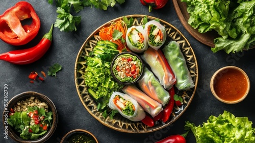 A top-down view of a colorful assortment of spring rolls on a decorative plate, surrounded by dipping sauces and fresh vegetables.