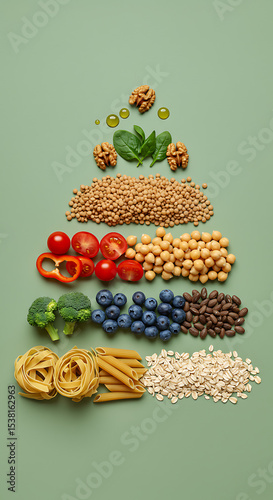 Food pyramid for a Mediterranean diet. Flat lay of healthy ingredients including pasta, vegetables, legumes, nuts, and olive oil on a green background. Concept for nutrition and balanced eating.