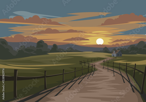 A charming cartoon-style vector illustration of a countryside sunset, featuring a cozy cabin at the end of a winding path, surrounded by rolling hills and warm dusk skies.