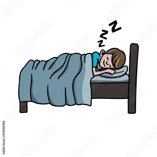 A cute vector illustration of a cartoon boy peacefully sleeping on a cozy bed, with dreamy details and a relaxed expression