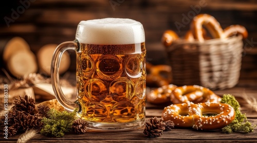 A traditional beer stein filled with a frothy beverage, placed on a wooden table, with pretzels and beer-related decor in the background.