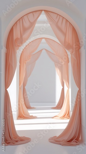 Peach draped curtains in archway hallway