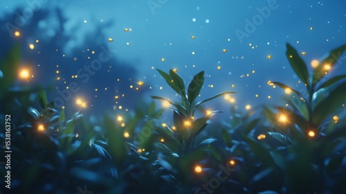A tranquil scene of fireflies illuminating a dark garden at dusk, with tiny glowing lights floating among the foliage, creating a whimsical ambiance