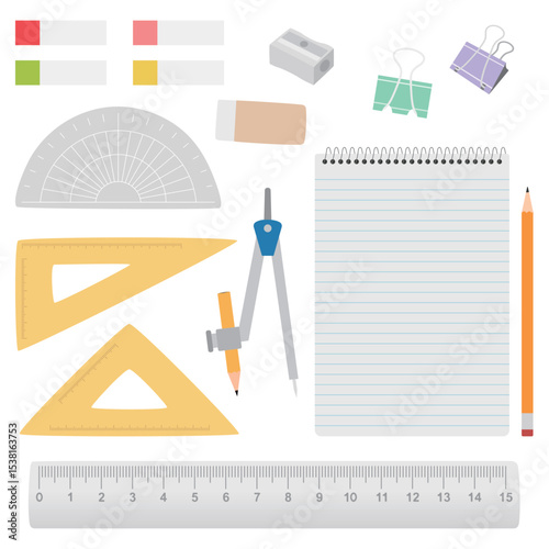 Hand-drawn vector of stationery items: lined notebook, ruler, pencil, eraser, sharpener, compass, triangle, protractor, binder clip, and label stickers. Perfect for school.