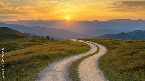 A tranquil image of a winding mountain road during the golden hour, with soft light illuminating the landscape and creating a warm, inviting scene.