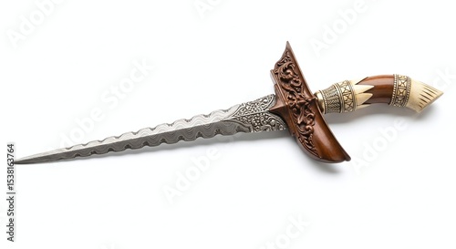 Traditional Indonesian kris dagger with intricate hilt design, isolated on white background. Generative AI