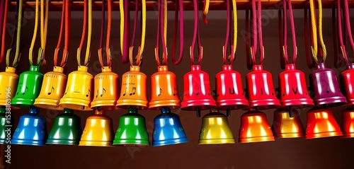 Vibrant rainbow-colored bells arranged in musical scale ascending order,   texture,  musical