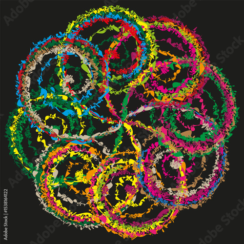 Color swirl icon. Vibrant spiral vector. Abstract looping shape. Black background.