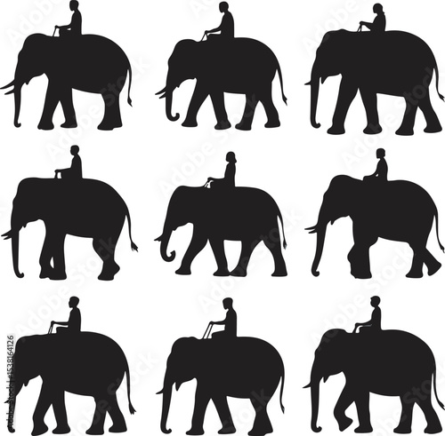 Nine Black Silhouettes Elephants Rider Walking white