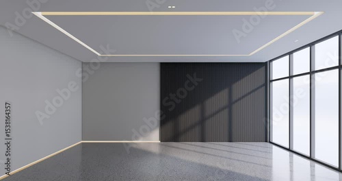 Modern Empty Room with Vertical Wood Black Slats, Sunlight Timelapse Animation, 4K 3D Render