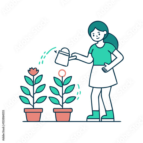 Charming illustration of a woman watering plants in a vibrant flat design style
