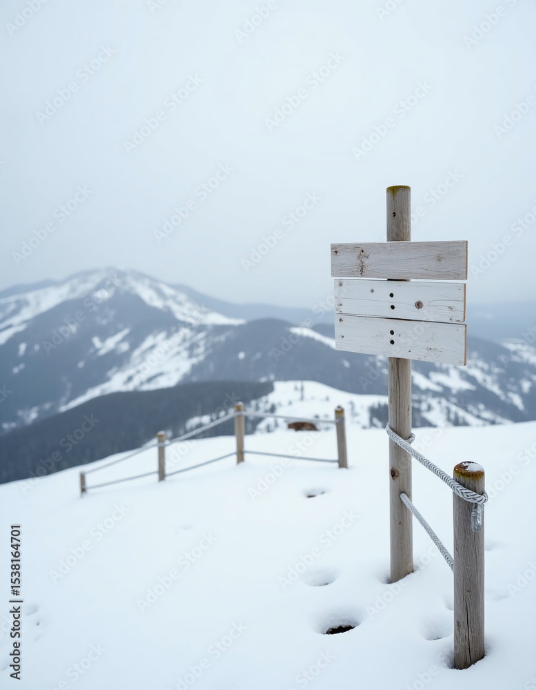 Naklejka premium A signpost stands in the foreground, guiding explorers toward Snow Mountain North, surrounded by pristine snow and a collection of majestic peaks under a pale sky Generative AI