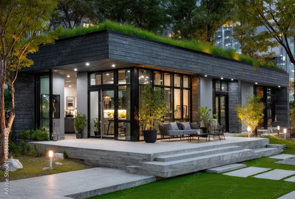 A modern house with an angular roof and large windows, illuminated by bright lights at night, showcasing the sleek lines of its exterior design. A modern house with an angular roof and large windows, illuminated by bright lights at night, showcasing the sleek lines of its exterior design.