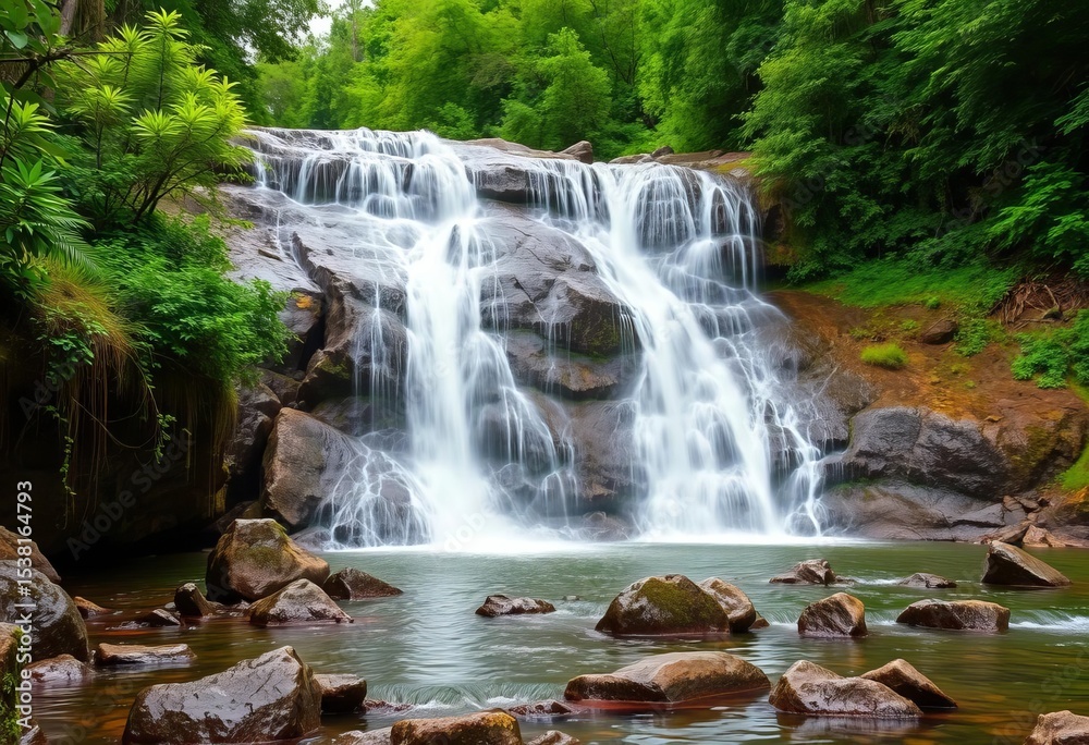 Fototapeta premium Upper Catabwa Falls cascading over rocks, lush green vegetation, environment, plant