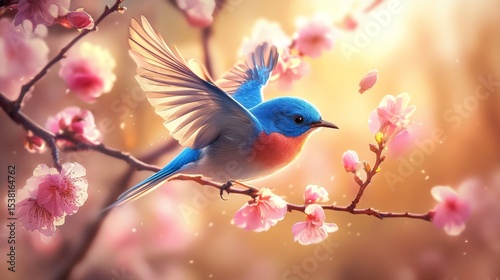 A vibrant bluebird in full flight, captured in sharp detail as it flits between branches, surrounded by blooming flowers in a sunny garden.