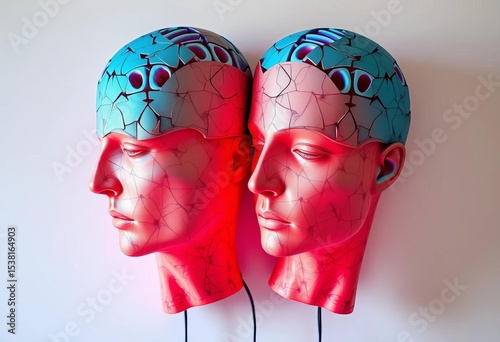 Two heads bound together, symbolic art installation, unusual, weird