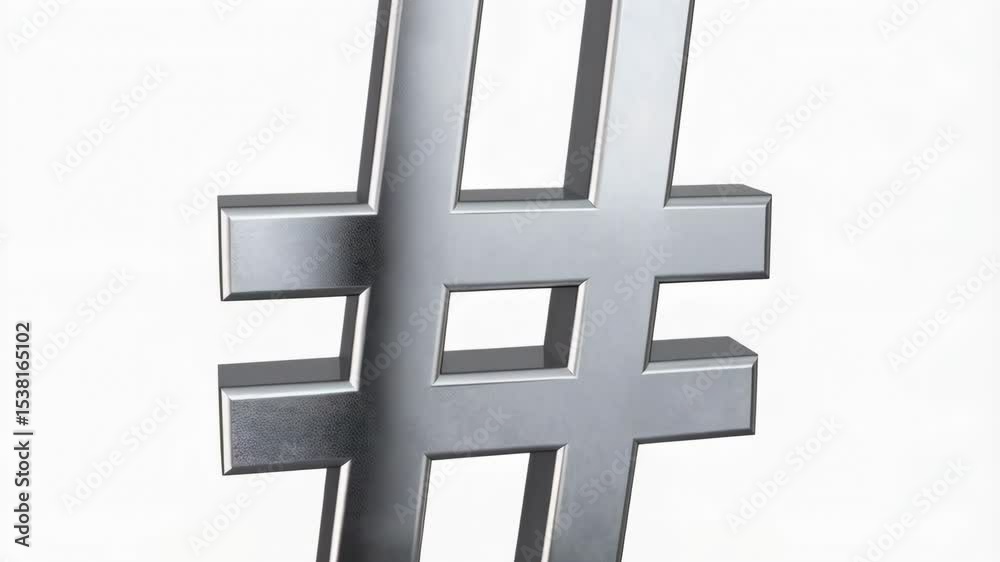 Metallic silver hashtag symbol against a plain white background, modern 3D render for social media or internet concepts.