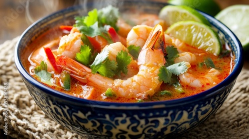 A vibrant bowl of tom yum goong with steam rising, served with fresh herbs and lime wedges on a textured cloth, emphasizing the dishs authenticity and flavor