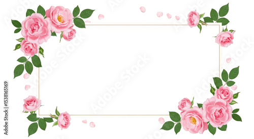 Pink roses and green leaves decorate a rectangular frame isolated on transparent background