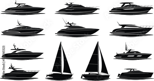 Collection of yacht and sailboat silhouettes in black and white isolated on a clean background design set