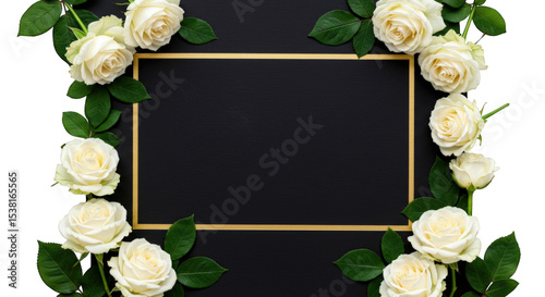 White roses and green leaves frame a black background with a gold border isolated on transparent background