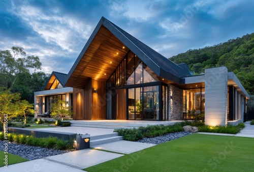 A modern house with an angular roof and large windows, illuminated by bright lights at night, showcasing the sleek lines of its exterior design.