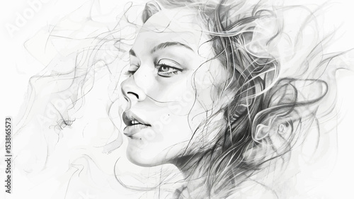 An elegant monochrome pencil drawing of a beautiful young woman