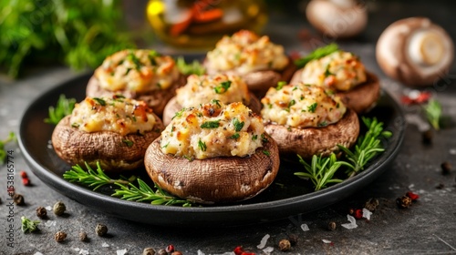 A vibrant display of stuffed mushrooms on a platter, garnished with herbs and spices, creating an enticing appetizer that highlights culinary creativity.
