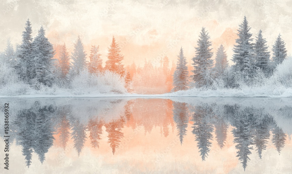 Fototapeta premium serene depiction of a frozen lake reflecting the orange and pink hues of a winter sunset, surrounded by frosted pines, Generative AI
