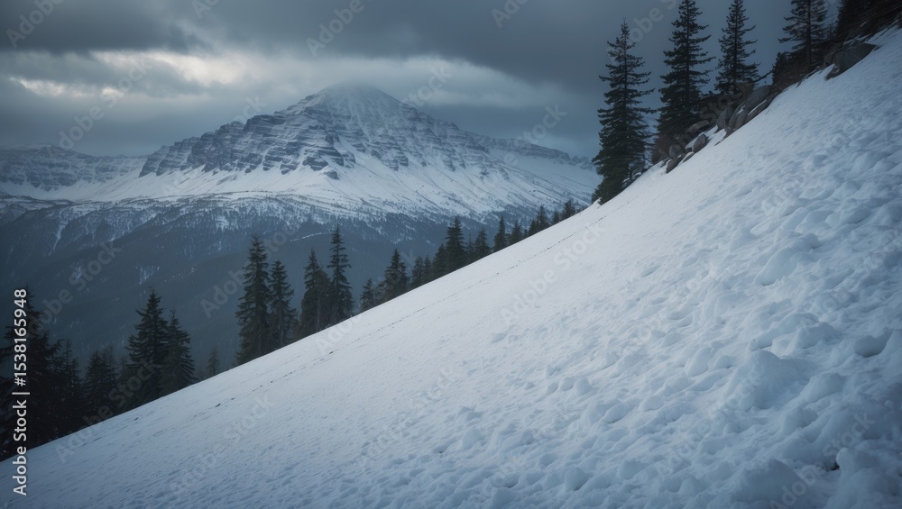 Fototapeta premium A snowy slope at the top of the mountain with pines in the background