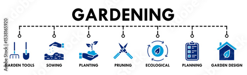 Gardening banner web icon for business with garden tools, sowing, planting, pruning, ecological, planning, garden design