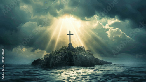 The Holy Cross on the top of an island, with beautiful light and clouds behind