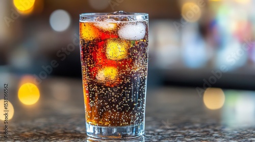 A vibrant glass of soda with colorful bubbles and ice cubes, positioned on a marble countertop, with a subtle reflection for a modern feel.