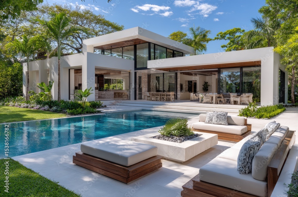 Fototapeta premium Modern Miami mansion with outdoor pool and fire pit, large glass windows, lush green grass lawn, palm trees, white potted plants, stone walkways