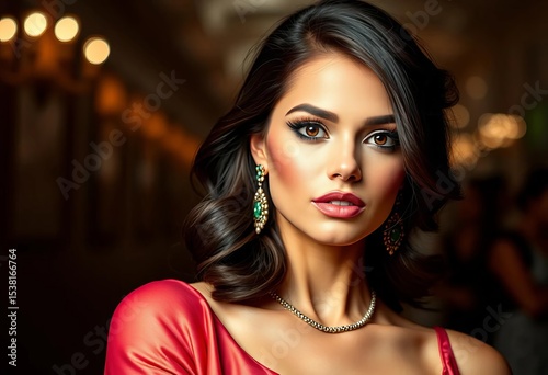 Sophisticated pose, alluring gaze, elegant attire,  alluring,  lighting
