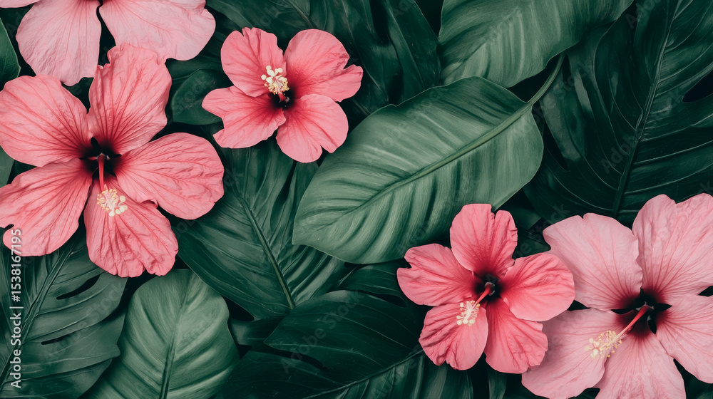 custom made wallpaper toronto digitalColorful hibiscus flowers surrounded by lush green leaves in a tropical setting.