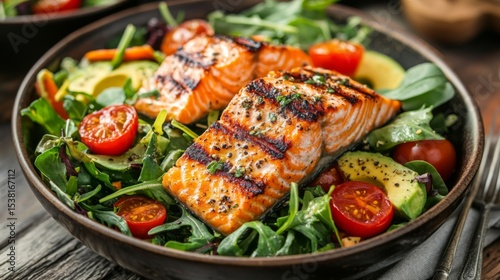 A vibrant image of a salmon salad bowl with mixed greens, avocado, and cherry tomatoes, topped with grilled salmon slices and a light vinaigrette.