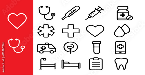 Medical icons collection featuring healthcare symbols on a red and white background surface display