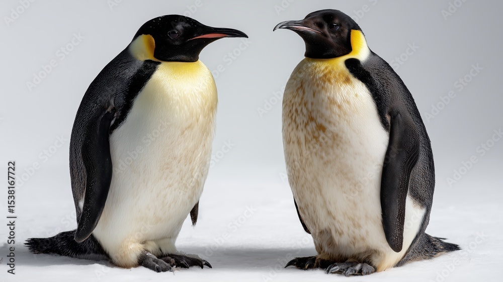Fototapeta premium Two penguins stand tall against white background showing plumage. AI generated