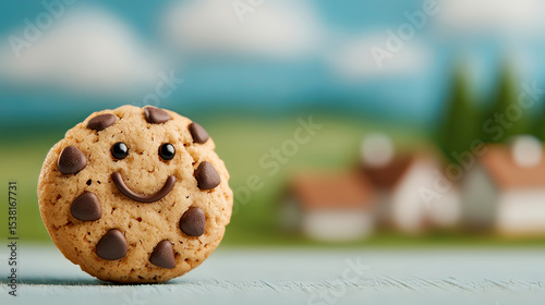 in the foreground, a confectionery treat is adorned with chocolate pieces and presented with a cheerful expression. the snack rests upon a light, textured surface