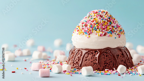 in a close up shot against a light background, a two tiered dessert stands as the main subject