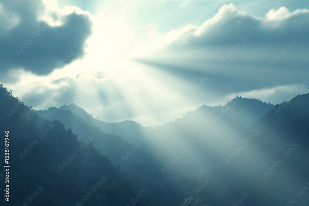 Fototapeta premium Sun rays illuminating misty forest in tranquil morning light