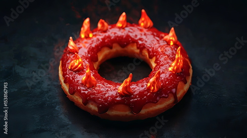 the image shows a ring shaped pastry, completely covered in a thick, shiny red glaze
