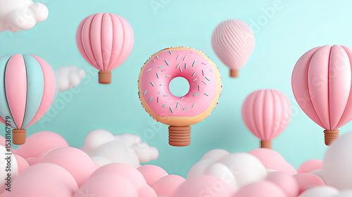 the image features several stylized floating objects set against a light blue background
