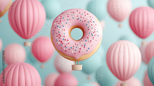 a vibrant donut with sprinkles at its center, set against a backdrop of multiple hot pink balloons