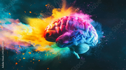 A colorful human brain with exploding color dust against a dark background. Brilliant ideas concept.