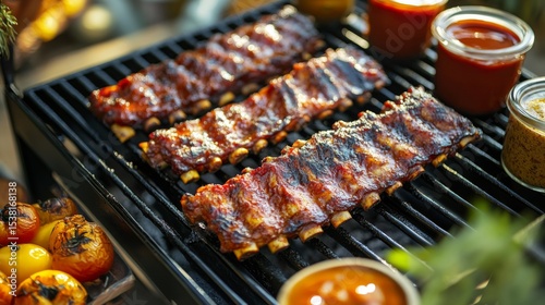 A vibrant outdoor barbecue scene with pork ribs sizzling on the grill, surrounded by a variety of sauces and side dishes, capturing the essence of a summer cookout.